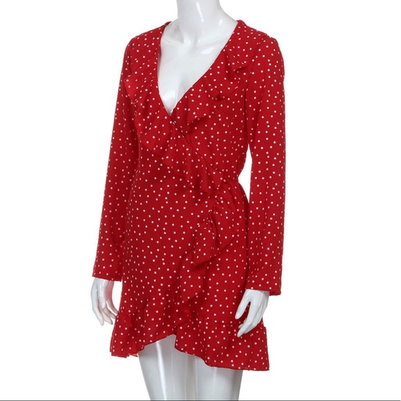 1 Left Red Star Ruffle Wrap Mini Dress Long Sleeve - Picture 5 of 7